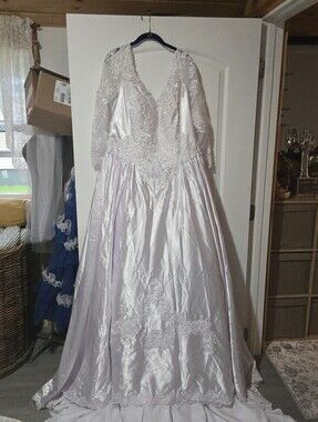 White Satin Sheer Lace Sleeves Wedding Dress, SIZE 14/16? See Description